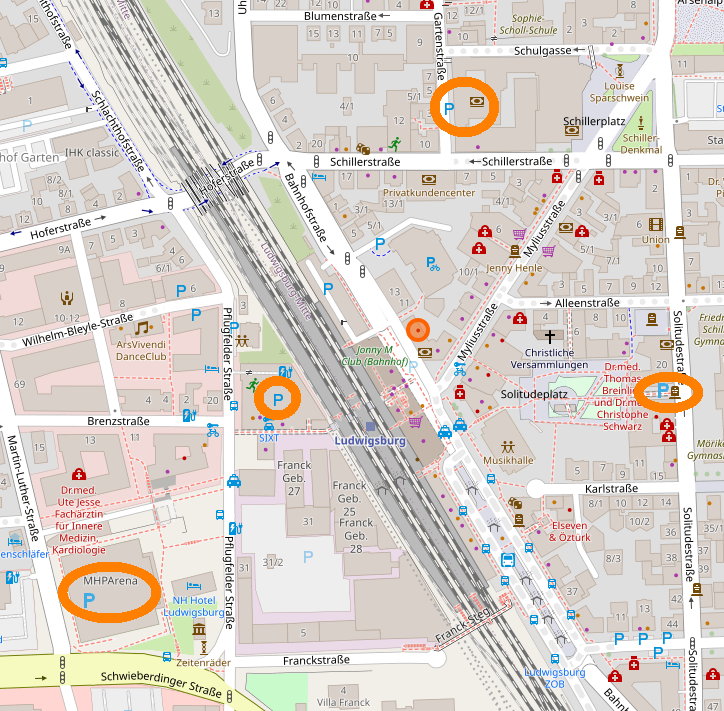 ein Übersichtsplan der Parkhäuser in der näheren Umgebung der Praxis